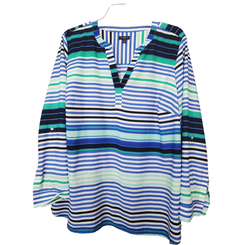 Talbots Woman Multicolor Stripe Roll-Tab Sleeve Notch Neck Tunic Size 1X